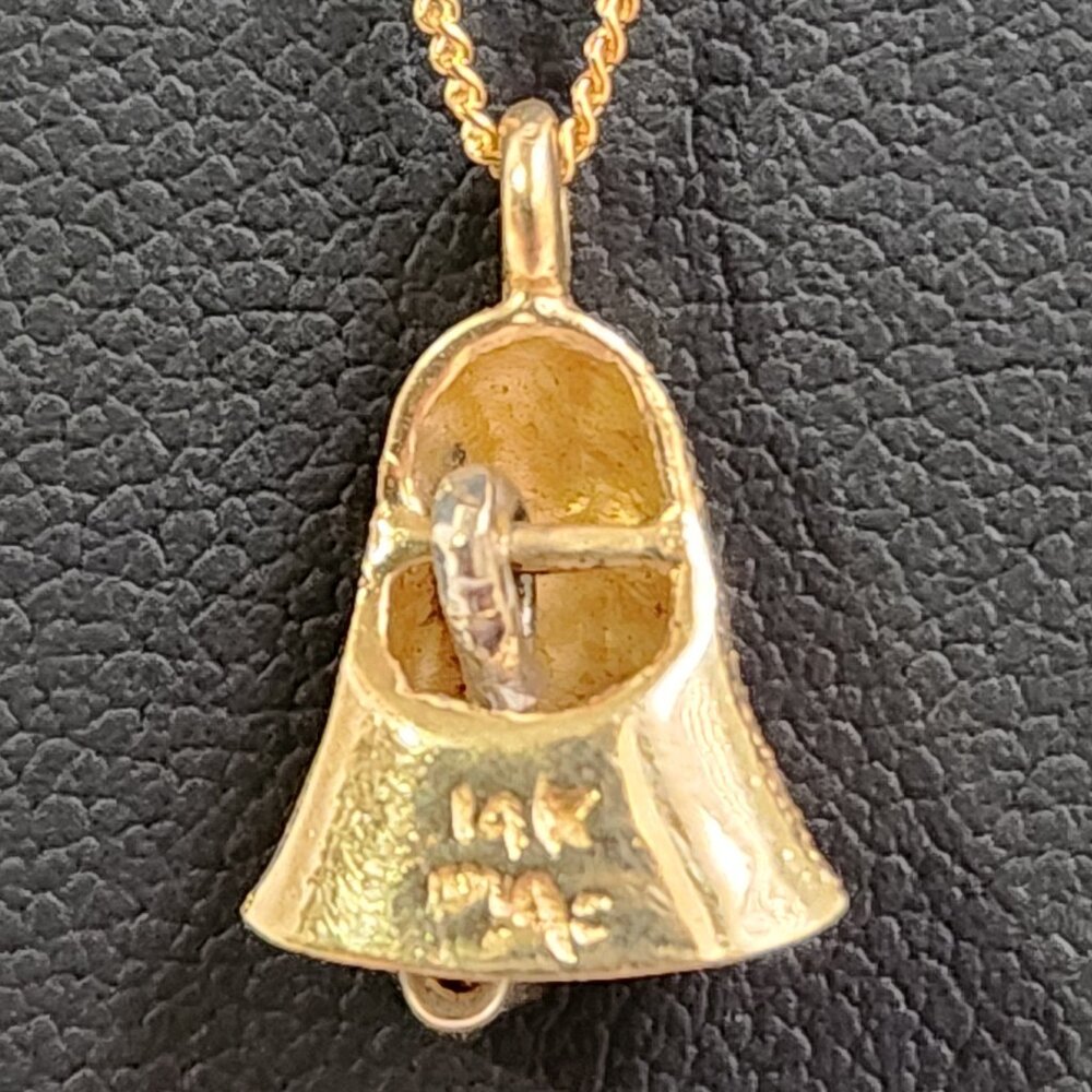 [SOLD] 1980's 14k Textured Gold Moveable Bell w/ Real Diamond Pendant Necklace - Picture 2 of 15